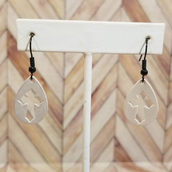 Cross Cut-Out Earrings, White - Picture 1 of 3